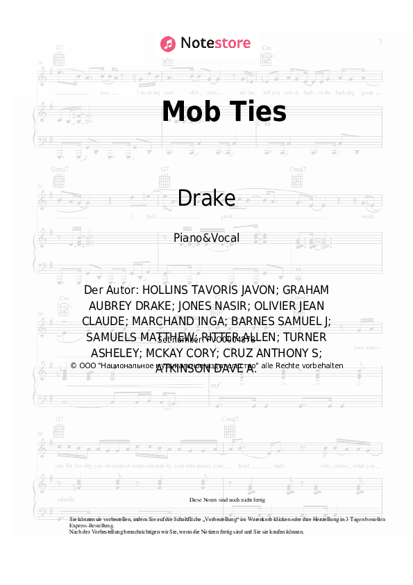 Noten mit Gesang Drake - Mob Ties - Klavier&Gesang