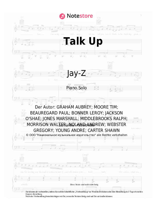 Noten Drake, Jay-Z - Talk Up - Klavier.Solo