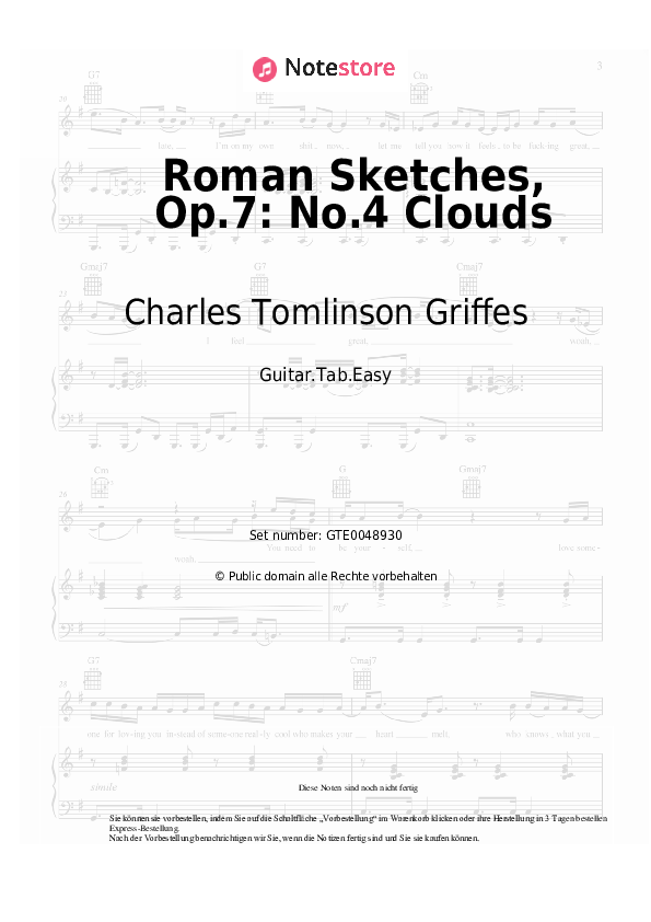 Einfache Tabs Charles Tomlinson Griffes - Roman Sketches, Op.7: No.4 Clouds - Gitarre.Tabs.Easy