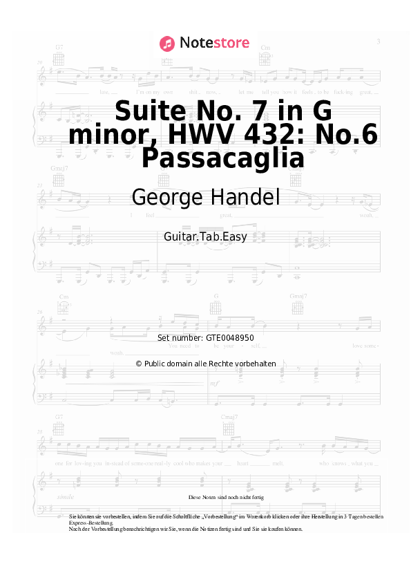 Einfache Tabs George Handel - Suite No. 7 in G minor, HWV 432: No.6 Passacaglia - Gitarre.Tabs.Easy