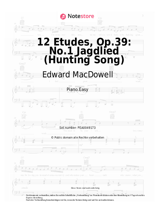 Einfache Noten Edward MacDowell - 12 Etudes, Op.39: No.1 Jagdlied (Hunting Song) - Klavier.Easy