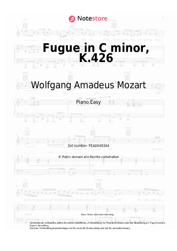 Einfache Noten Wolfgang Amadeus Mozart - Fugue in C minor, K.426 - Klavier.Easy