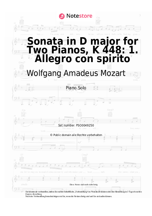 Wolfgang Amadeus Mozart - Sonata in D major for Two Pianos, K 448: 1. Allegro con spirito Noten für Piano