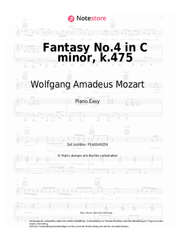 Einfache Noten Wolfgang Amadeus Mozart - Fantasy No.4 in C minor, k.475 - Klavier.Easy