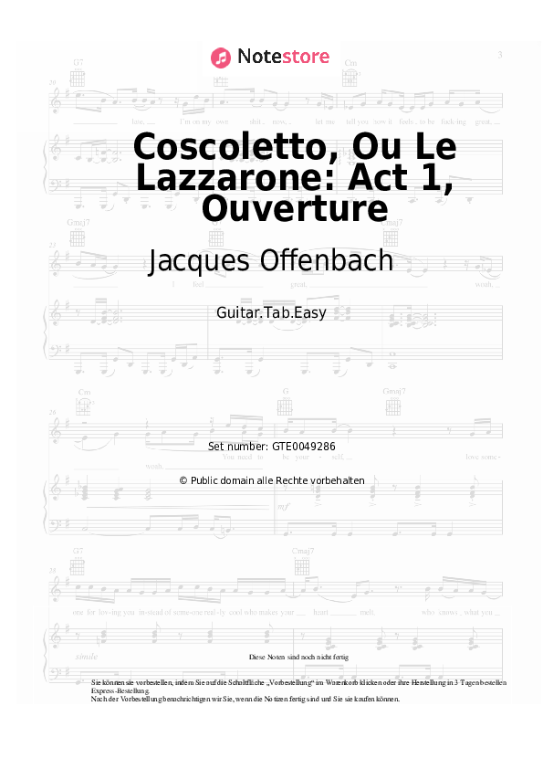 Einfache Tabs Jacques Offenbach - Coscoletto, Ou Le Lazzarone: Act 1, Ouverture - Gitarre.Tabs.Easy