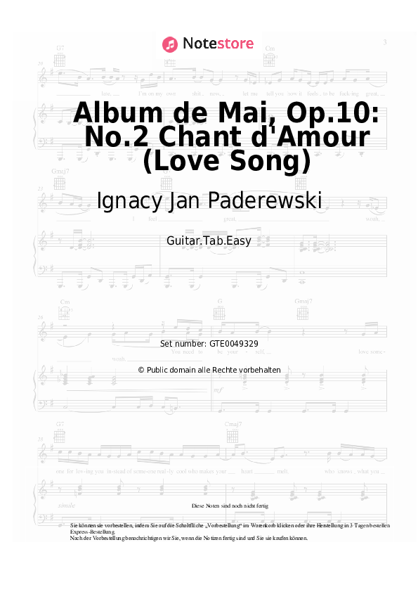 Einfache Tabs Ignacy Jan Paderewski - Album de Mai, Op.10: No.2 Chant d'Amour (Love Song) - Gitarre.Tabs.Easy