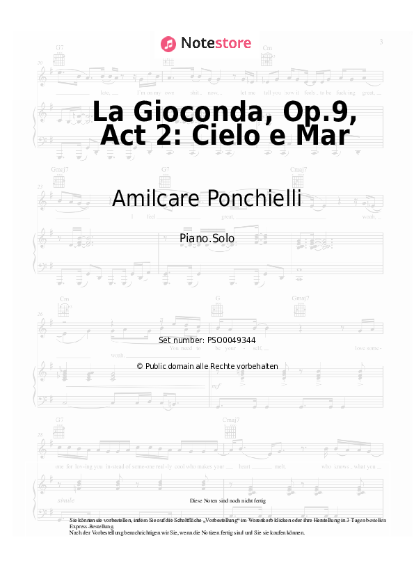 Noten Amilcare Ponchielli - La Gioconda, Op.9, Act 2: Cielo e Mar - Klavier.Solo