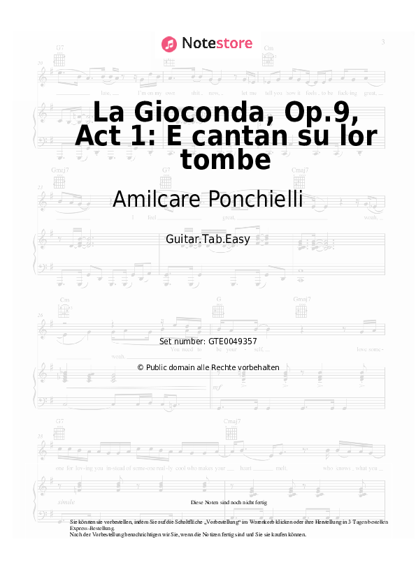 Einfache Tabs Amilcare Ponchielli - La Gioconda, Op.9, Act 1: E cantan su lor tombe - Gitarre.Tabs.Easy