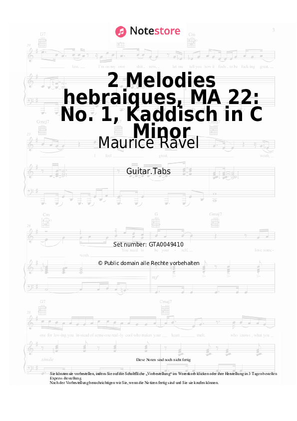 Tabs Maurice Ravel - Deux Melodies hebraiques, MA 22: No. 1, Kaddisch in C Minor - Gitarre.Tabs