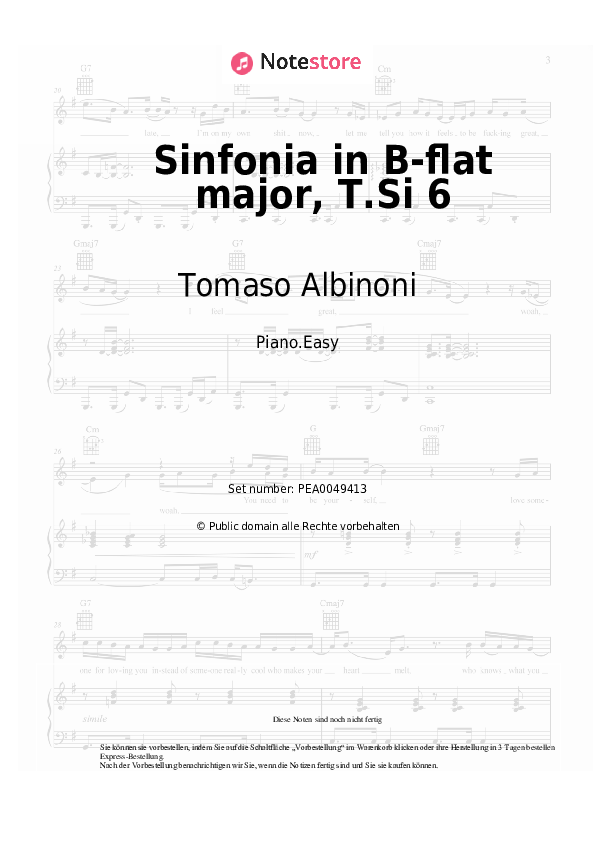 Einfache Noten Tomaso Albinoni - Sinfonia in B-flat major, T.Si 6 - Klavier.Easy