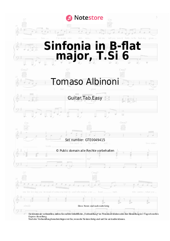 Einfache Tabs Tomaso Albinoni - Sinfonia in B-flat major, T.Si 6 - Gitarre.Tabs.Easy