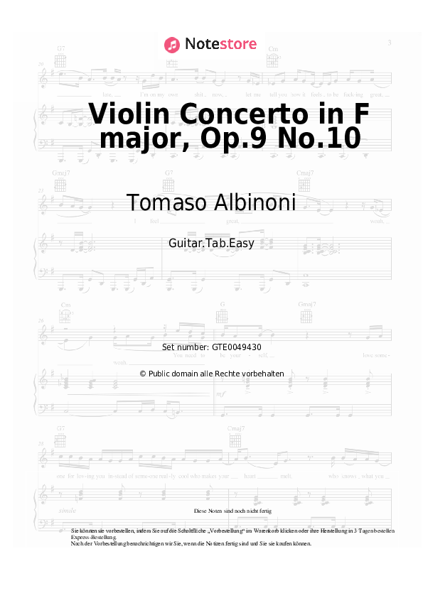 Einfache Tabs Tomaso Albinoni - Violin Concerto in F major, Op.9 No.10 - Gitarre.Tabs.Easy