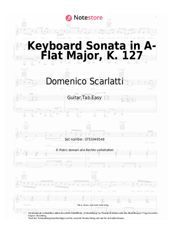 Einfache Tabs Domenico Scarlatti - Keyboard Sonata in A-Flat Major, K. 127 - Gitarre.Tabs.Easy