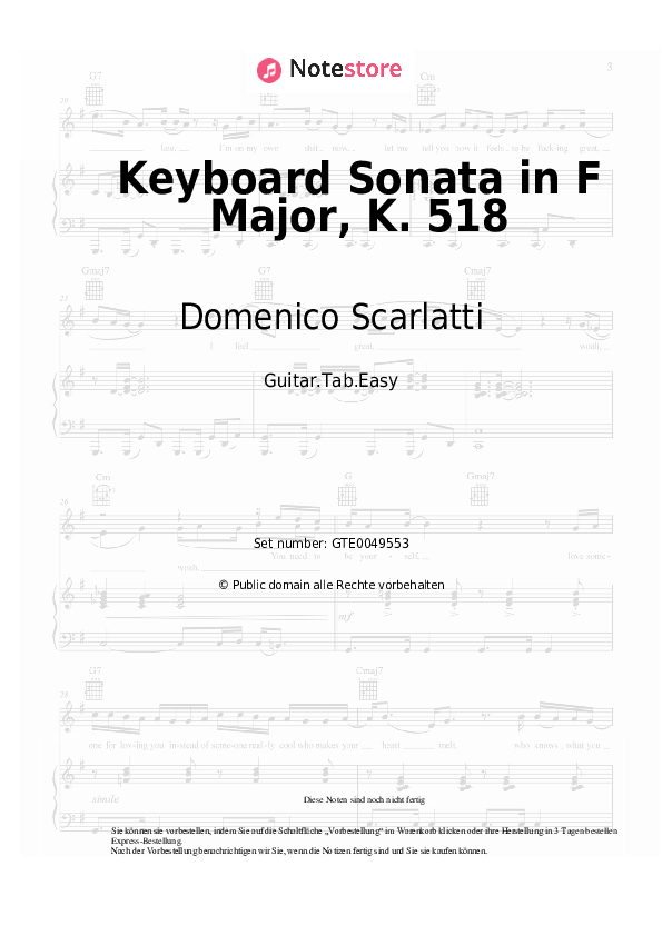 Einfache Tabs Domenico Scarlatti - Keyboard Sonata in F Major, K. 518 - Gitarre.Tabs.Easy
