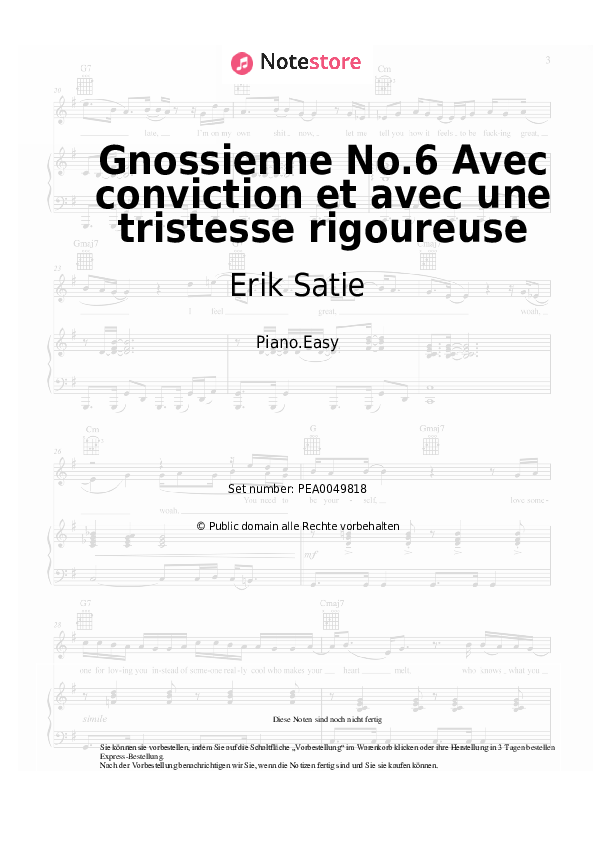 Einfache Noten Erik Satie - Gnossienne No.6 Avec conviction et avec une tristesse rigoureuse - Klavier.Easy