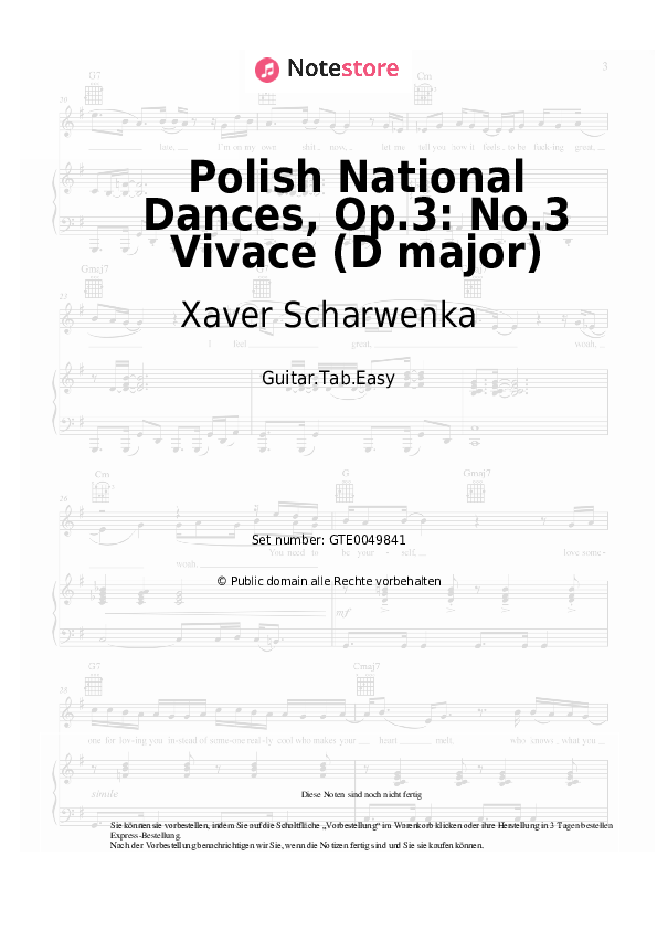 Einfache Tabs Xaver Scharwenka - Polish National Dances, Op.3: No.3 Vivace (D major) - Gitarre.Tabs.Easy