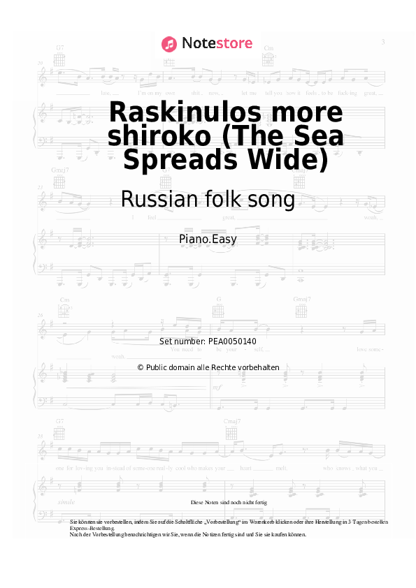 Einfache Noten Russian folk song - Raskinulos more shiroko (The Sea Spreads Wide) - Klavier.Easy