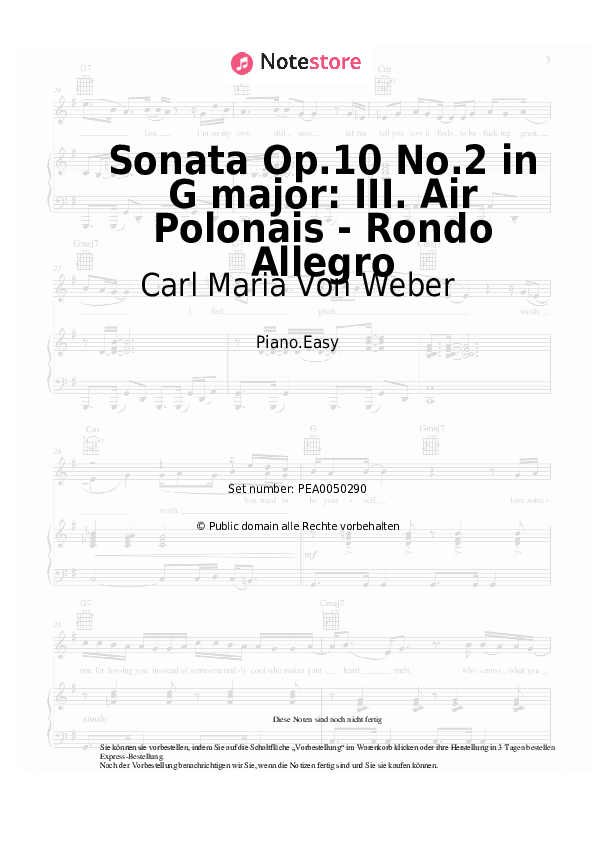 Einfache Noten Carl Maria Von Weber - Sonata Op.10 No.2 in G major: III. Air Polonais - Rondo Allegro - Klavier.Easy