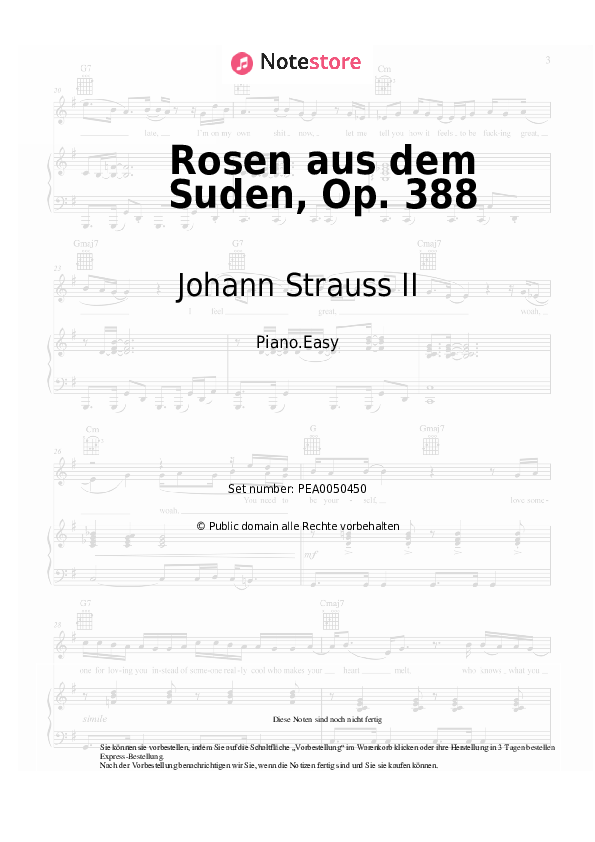 Einfache Noten Johann Strauss II - Rosen aus dem Suden, Op. 388 - Klavier.Easy