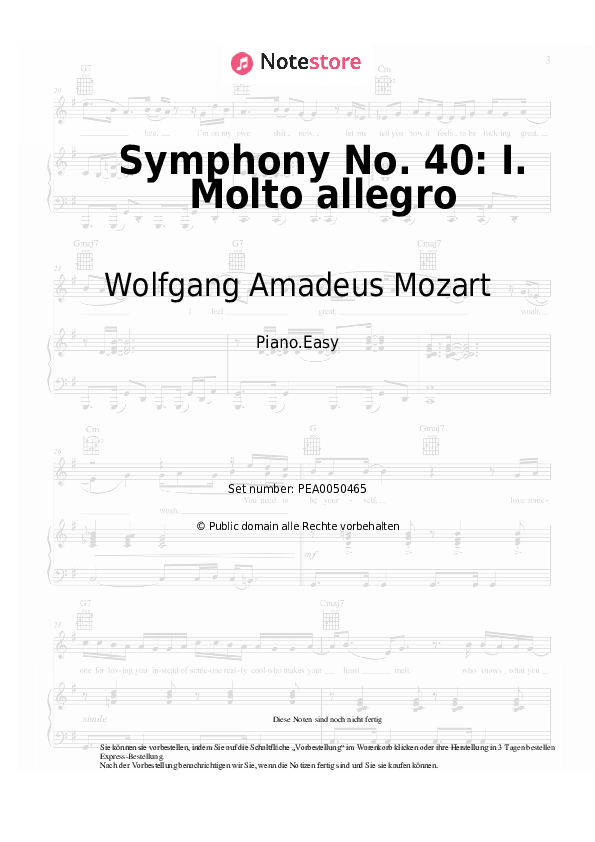 Einfache Noten Wolfgang Amadeus Mozart - Symphony No. 40: I. Molto allegro - Klavier.Easy