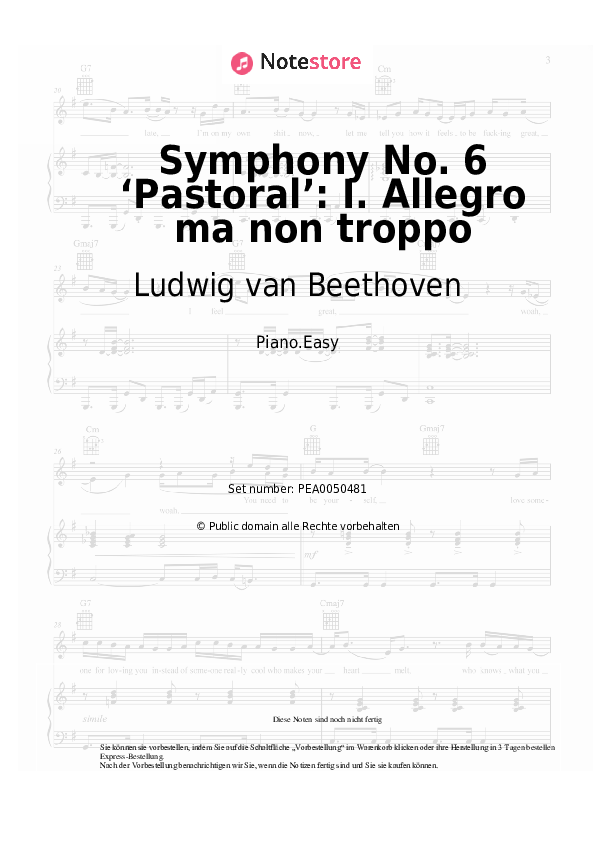 Einfache Noten Ludwig van Beethoven - Symphony No. 6 ‘Pastoral’: I. Allegro ma non troppo - Klavier.Easy