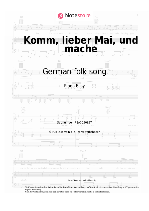 Einfache Noten Wolfgang Amadeus Mozart, German folk song - Komm, lieber Mai, und mache - Klavier.Easy