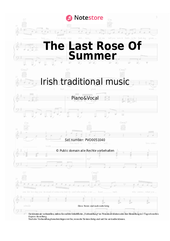 Noten mit Gesang Irish traditional music - The Last Rose Of Summer - Klavier&Gesang