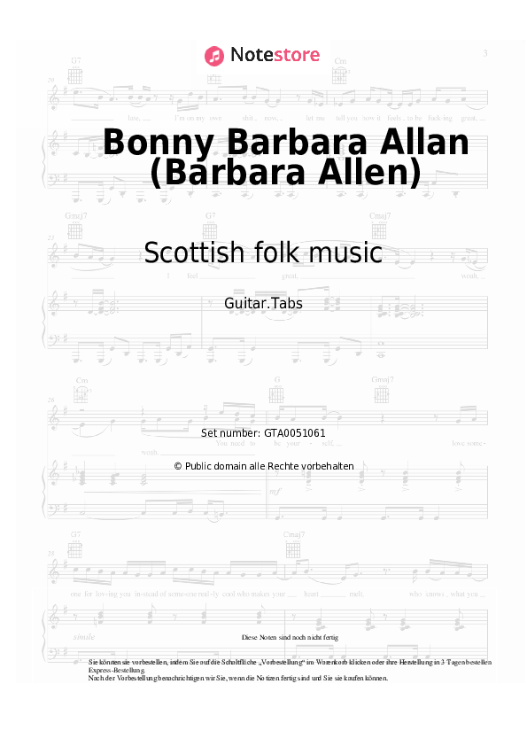 Tabs Scottish folk music - Bonny Barbara Allan (Barbara Allen) - Gitarre.Tabs
