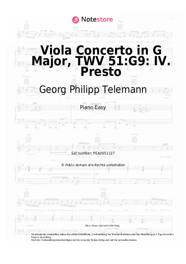 Einfache Noten Georg Philipp Telemann - Viola Concerto in G Major, TWV 51:G9: IV. Presto - Klavier.Easy