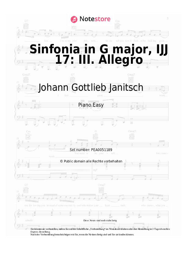 Einfache Noten Johann Gottlieb Janitsch - Sinfonia in G major, IJJ 17: III. Allegro - Klavier.Easy
