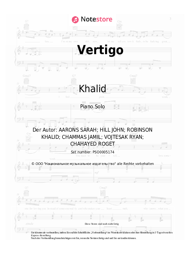 Noten Khalid - Vertigo - Klavier.Solo