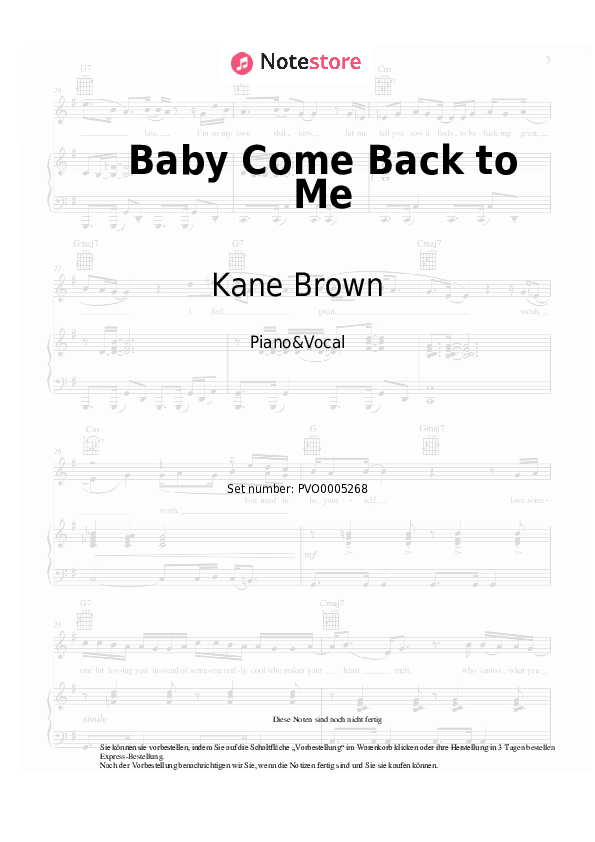 Noten mit Gesang Kane Brown - Baby Come Back to Me - Klavier&Gesang