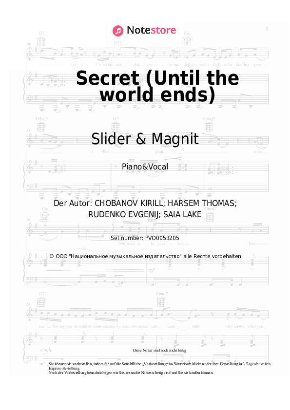 Noten mit Gesang Dj Antonio, Slider & Magnit - Secret (Until the world ends) - Klavier&Gesang
