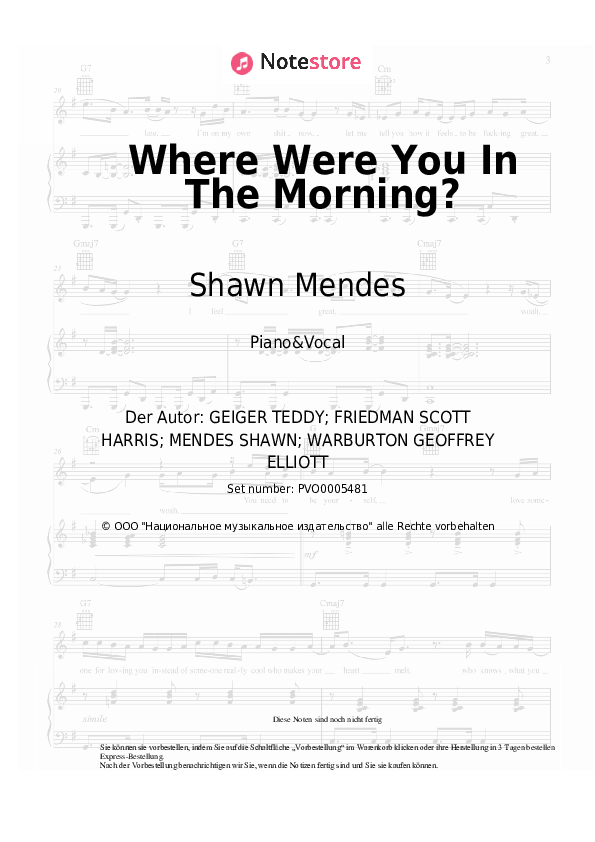 Noten mit Gesang Shawn Mendes - Where Were You In The Morning? - Klavier&Gesang