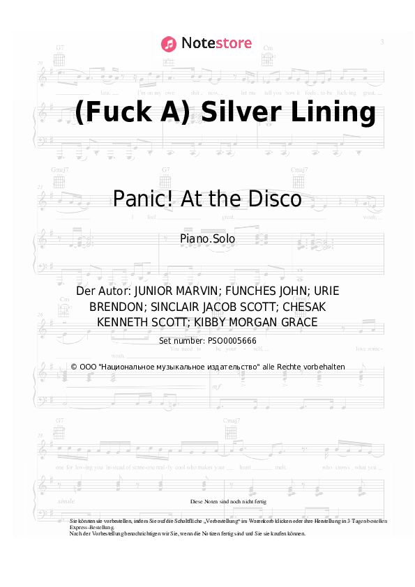 Noten Panic! At the Disco - (Fuck A) Silver Lining - Klavier.Solo