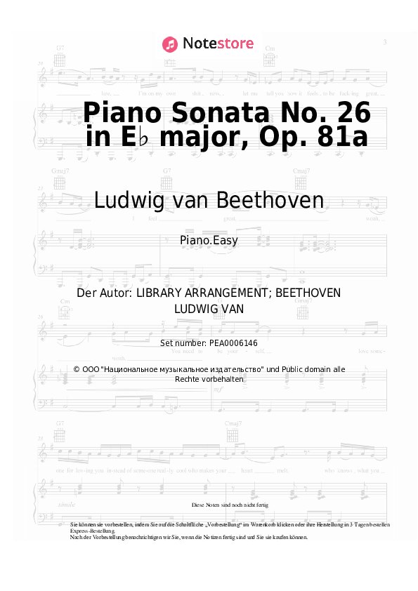 Einfache Noten Ludwig van Beethoven - Piano Sonata No. 26 in E♭ major, Op. 81a - Klavier.Easy
