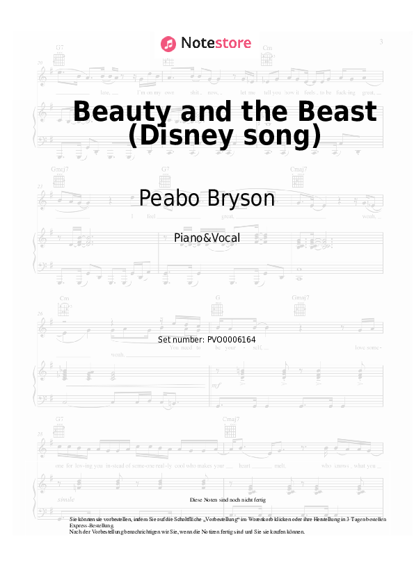 Noten mit Gesang Celine Dion, Peabo Bryson - Beauty and the Beast (Disney song) - Klavier&Gesang