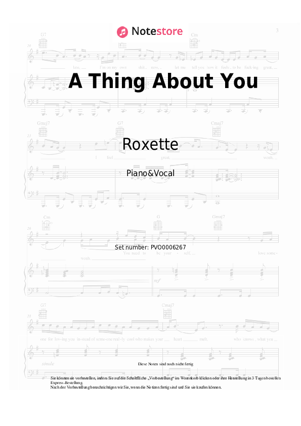 Noten mit Gesang Roxette - A Thing About You - Klavier&Gesang