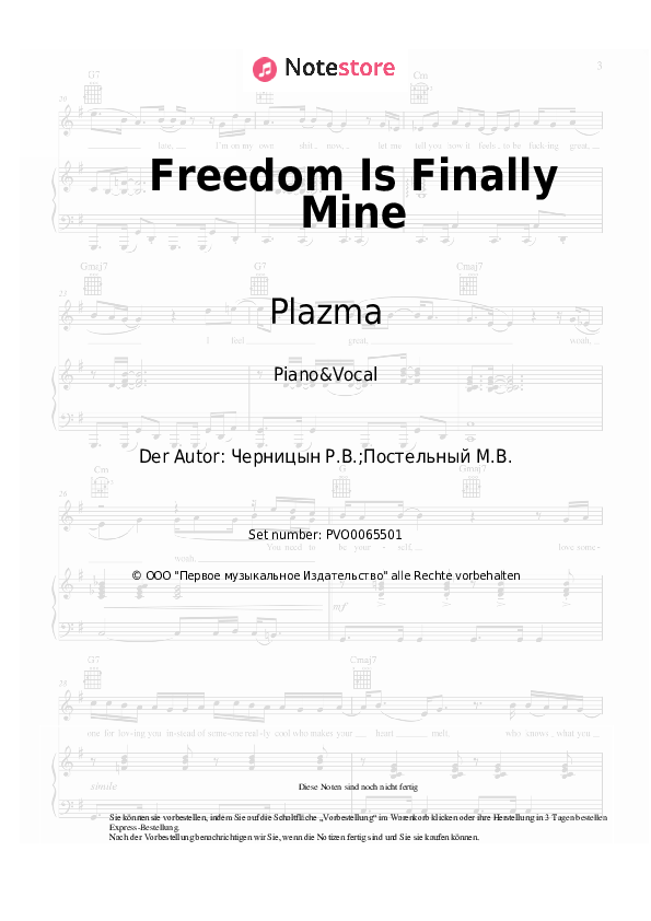 Noten mit Gesang Plazma - Freedom Is Finally Mine - Klavier&Gesang