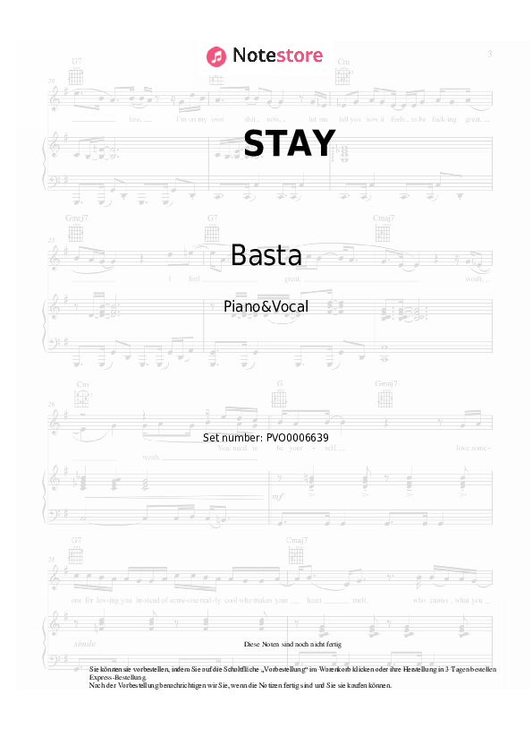 Noten mit Gesang Basta - STAY - Klavier&Gesang