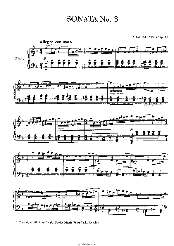 Noten Dmitry Kabalevsky - Piano Sonata No. 3 in F Major, Op. 46 - Klavier.Solo