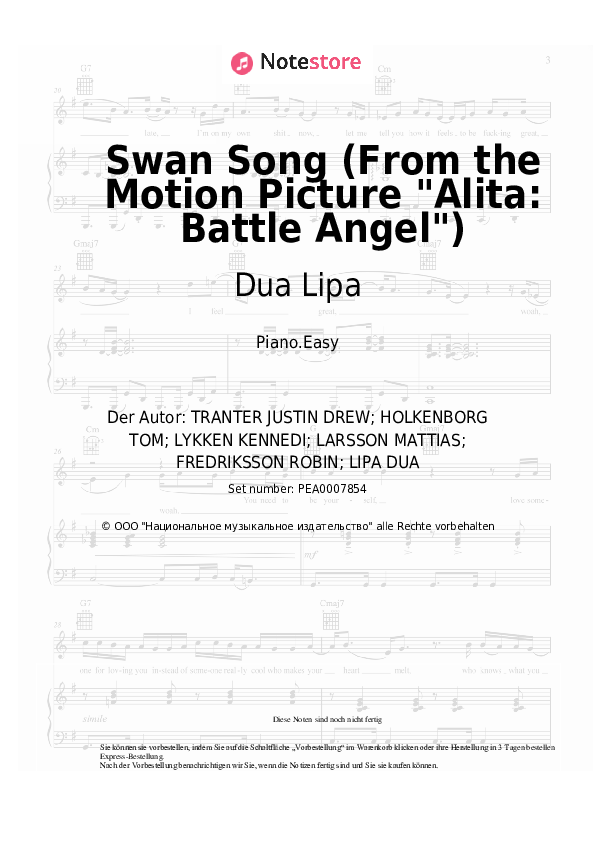 Einfache Noten Dua Lipa - Swan Song (From the Motion Picture Alita: Battle Angel) - Klavier.Easy