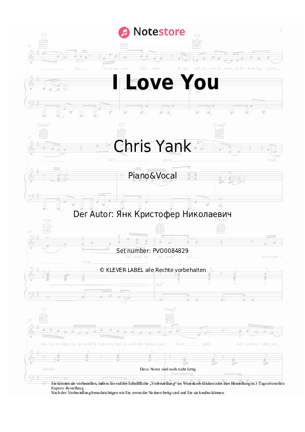 Noten mit Gesang Chris Yank - I Love You - Klavier&Gesang