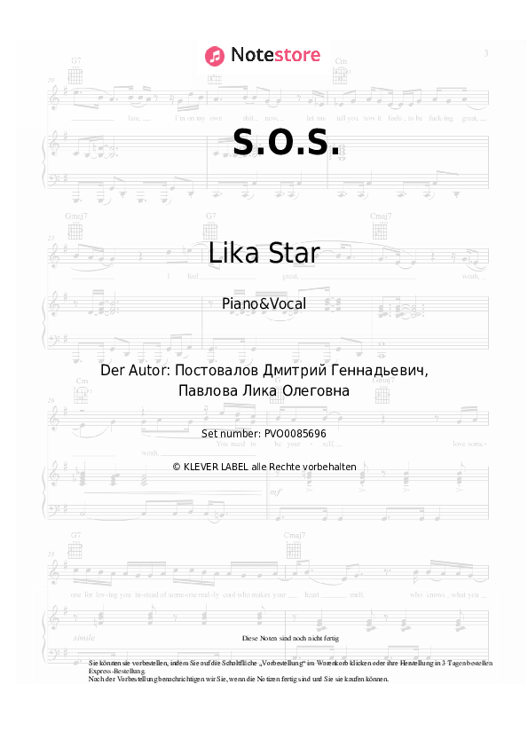 Noten mit Gesang Lika Star - S.O.S. - Klavier&Gesang