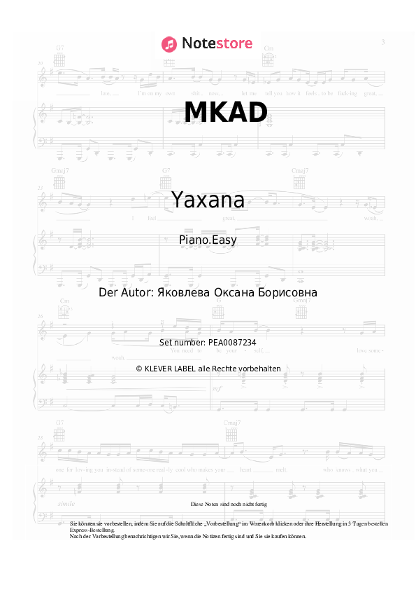 Einfache Noten Yaxana - MKAD - Klavier.Easy