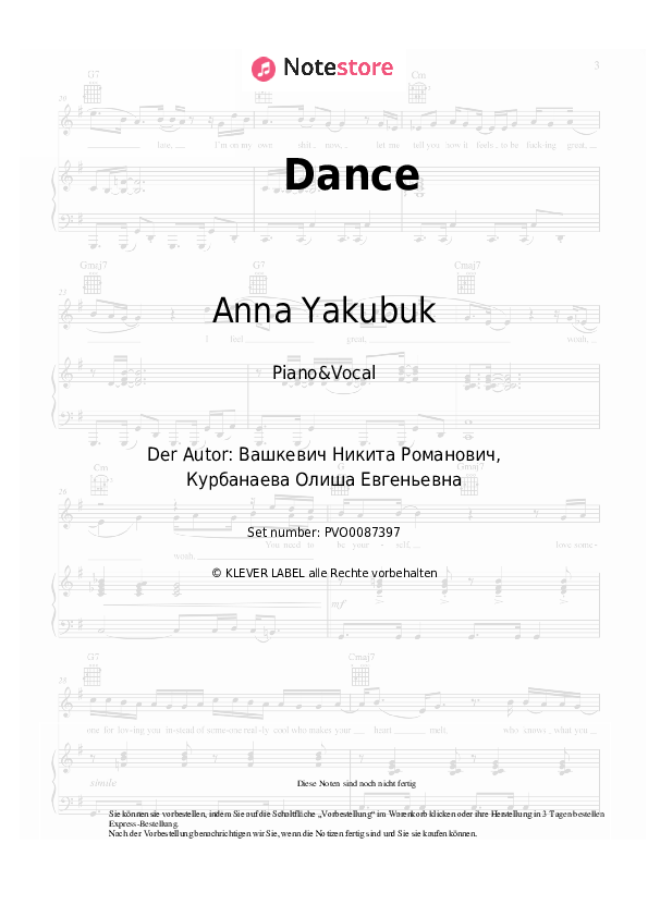 Noten mit Gesang Anna Yakubuk - Dance - Klavier&Gesang