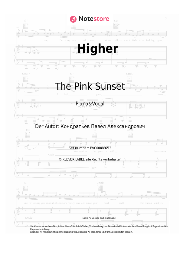 Noten mit Gesang The Pink Sunset - Higher - Klavier&Gesang