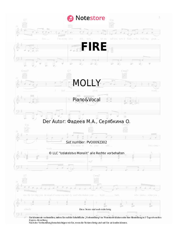 Noten mit Gesang MOLLY - FIRE - Klavier&Gesang