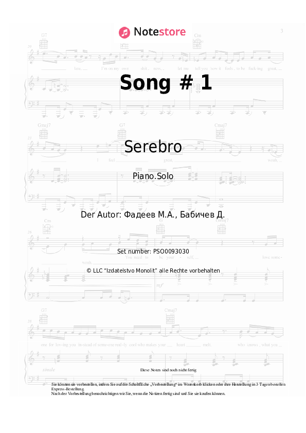 Noten Serebro - Song # 1 - Klavier.Solo