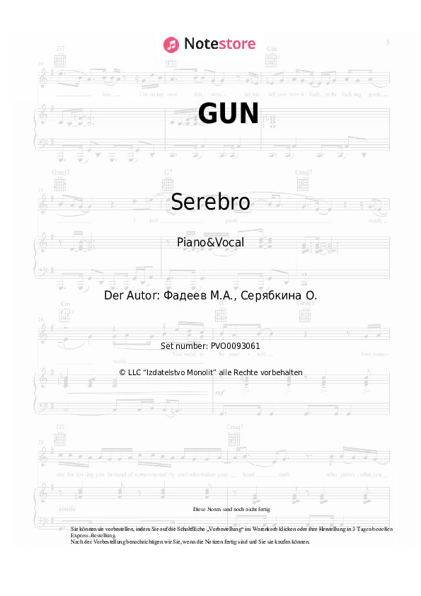 Noten mit Gesang Serebro - GUN - Klavier&Gesang
